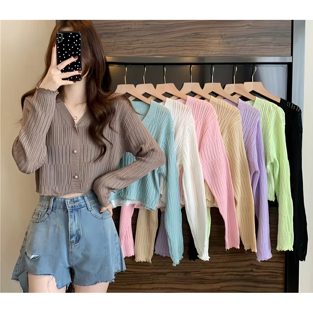 เสื้อคลุม ไหมพรมถัก แขนยาว คอวี สไตล์เกาหลี กระดุมหน้า