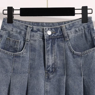 S~5XL Denim skirt for women A-line skirt กระโปรงทรงเอจีบพลีตสไตล์วินเทจ กระโปรงยีนส์เอวสูงทรงหลวมสไตล์ลำลอง HOT
