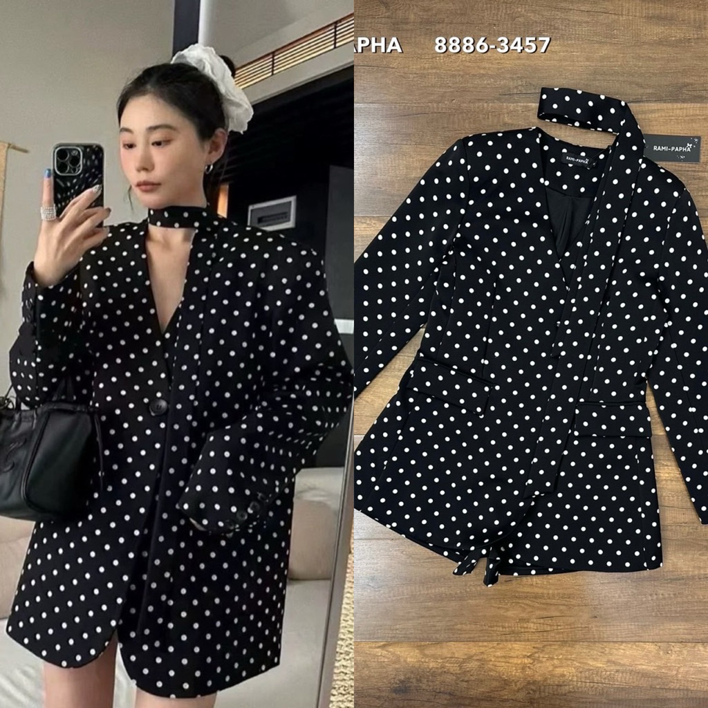 พร้อมส่ง เติม S⚡️RM 8886 สูทลายจุดสีดำ+ขาสั้น+ผูกเอว