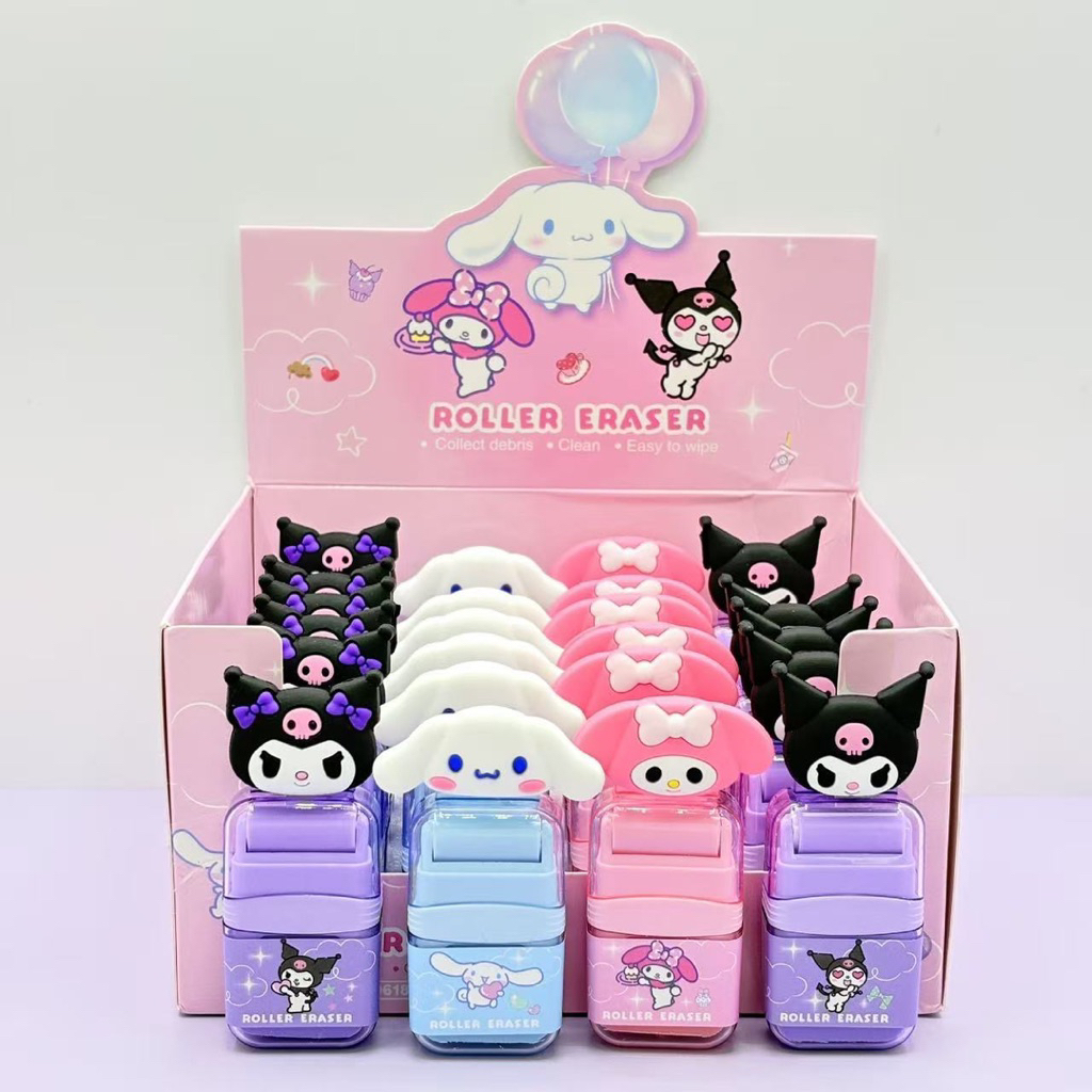 ยางลบ พร้อมลูกกลิ้ง ลายsanrio ขนาดพกพา  ฐาน 3.3cm สูง 8.4cm มีช่องเก็บยางลบ 🫶