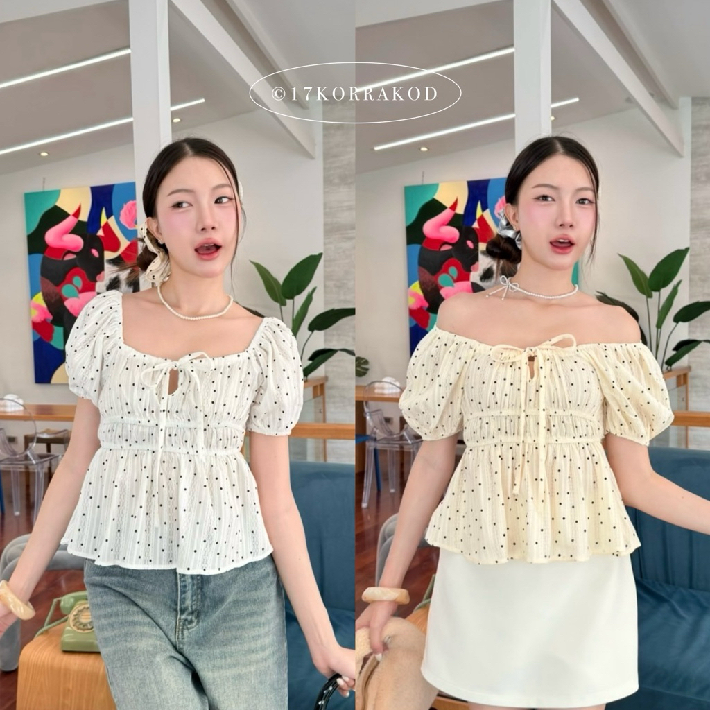 🌻เสื้อคอกลมแขนพองชายระบาย ดีเทลจั๊มสม็อคช่วงลำตัว ใส่ขึ้นไหล่/ปาดไหล่ได้ (Prod Studio)