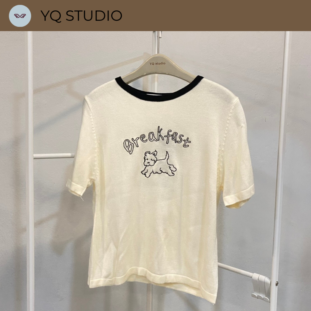 MG660 YQ KOREAN SHOP Hungry Pup Top เสื้อแขนสั้นทูโทน Breakfast ป้ายYQ