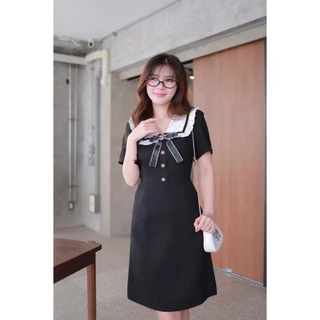 ชุดทำงานผู้หญิง เดรสทำงานสีดำ คอปกขาวแต่งโบว์ แขนสั้น Charmé Bow Dress K316 | ROMI"OIL"