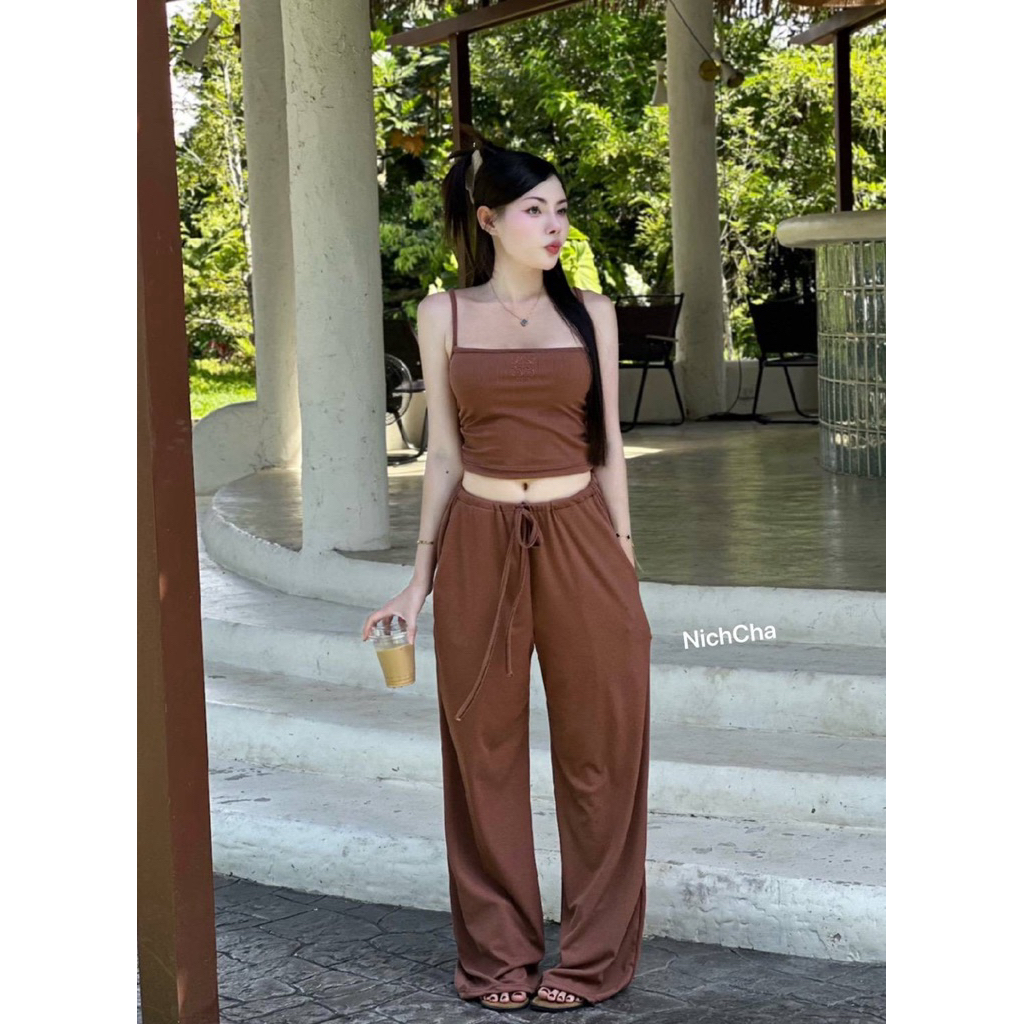 #Nicha Set2ชิ้น เสื้อสายเดี่ยวโลโก้ยางแบรนด์ดัง กางเกงขายาว มีกระเป๋าสองข้าง ทรงสวยปัง