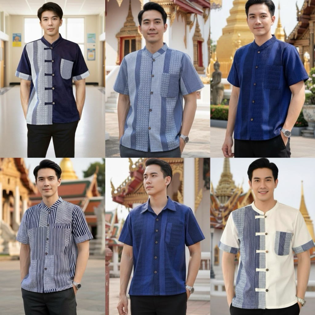 เสื้อพื้นเมืองผู้ชายคอจีนแขนสั้น ลายบาร์โค้ด
