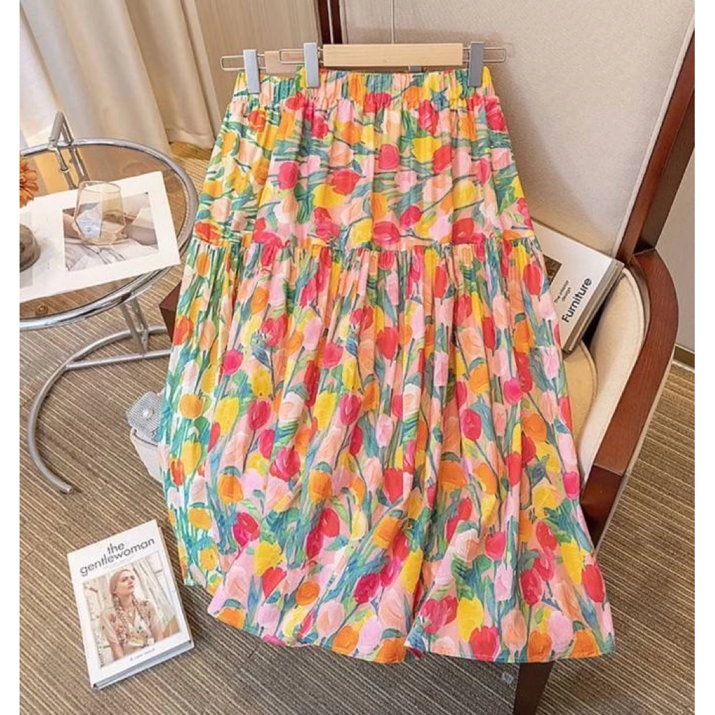 กระโปรง Maxi ลายดอกไม้ เอว Free size#New สินค้าขายดี