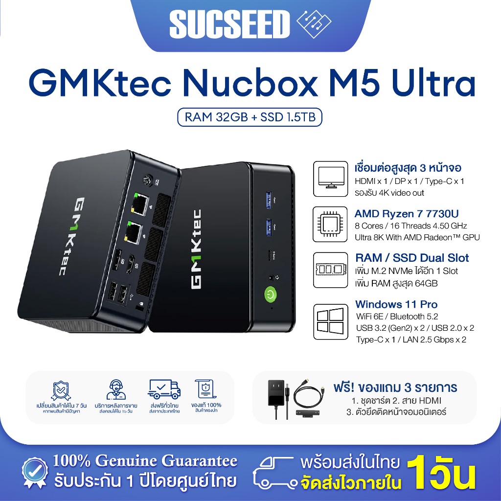 GMKtec Nucbox M5 Ultra Mini PC  มินิ พีซี Ryzen7 7730U RAM 16GB / 32GB SSD 512 / 1TB WiFi6E รับประกั