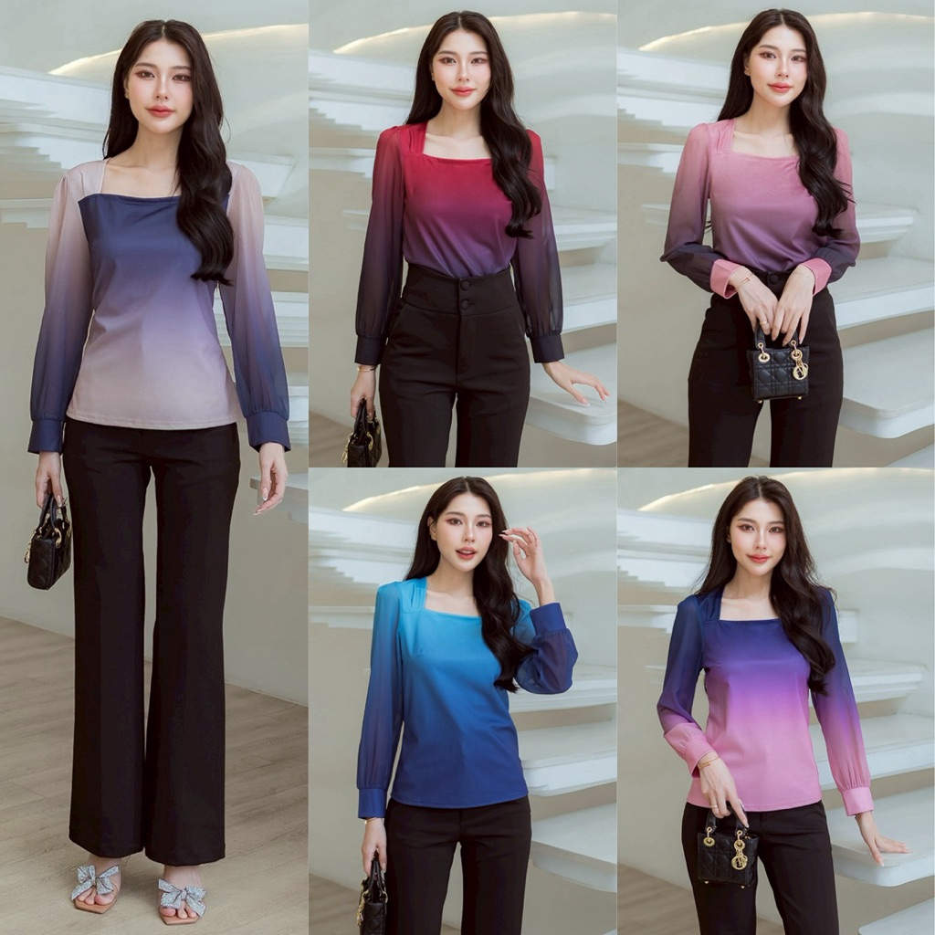 267 เสื้อคอเหลี่ยมไล่เฉดสีแขนชีฟอง (ผ้าเทพ REEYA)