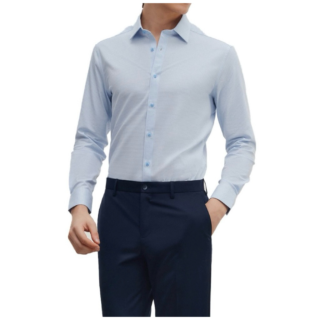 G2000 (ไม่ต้องรีด) เสื้อเชิ้ตผู้ชายแขนยาวสีฟ้าลายตาราง ทรง SMART FIT ใส่ทำงานแบบสุภาพ