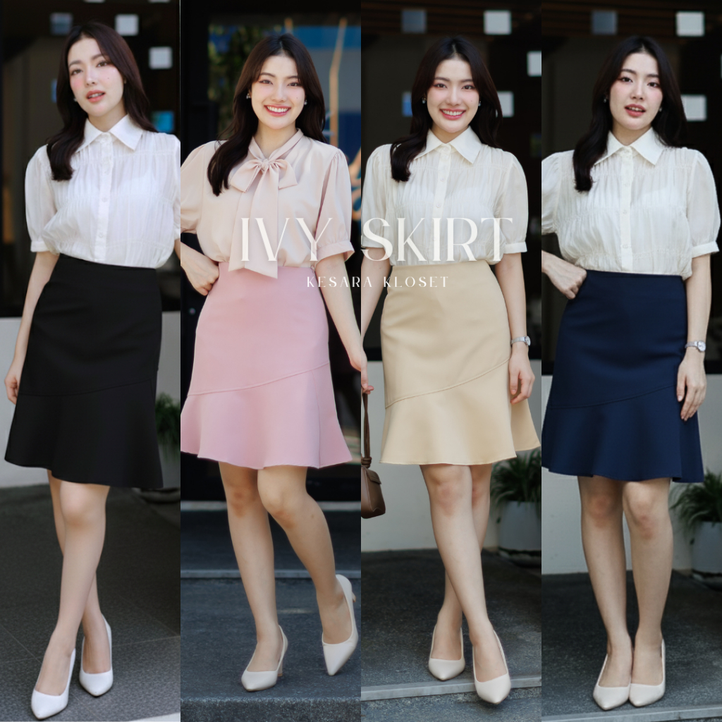 กระโปรงทำงานเอวสูง ทรงระบายเฉียง ยาว19' Ivy Skirt