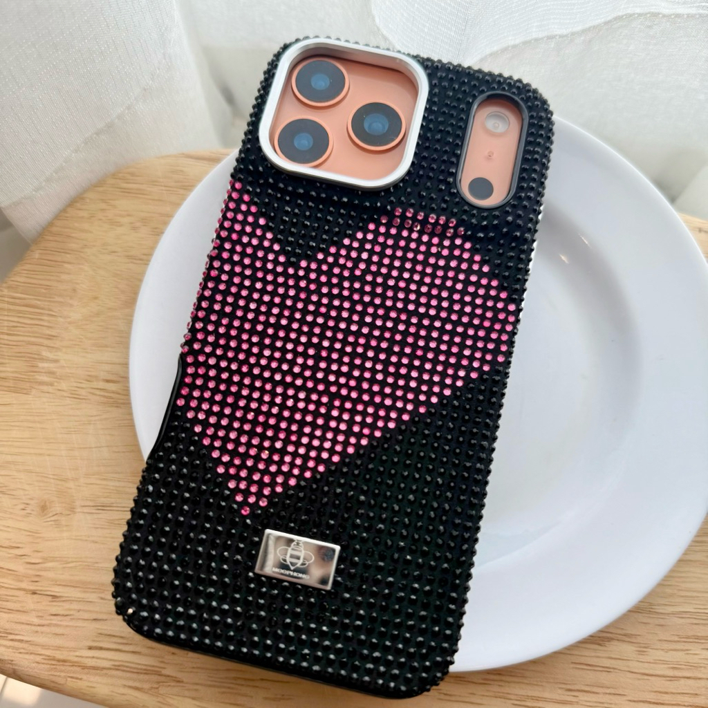 17/17pro/17promax/16/16pro/16promax เคสเพชรคริสตัล สีดำ หัวใจชมพู งานคลุมรอบ