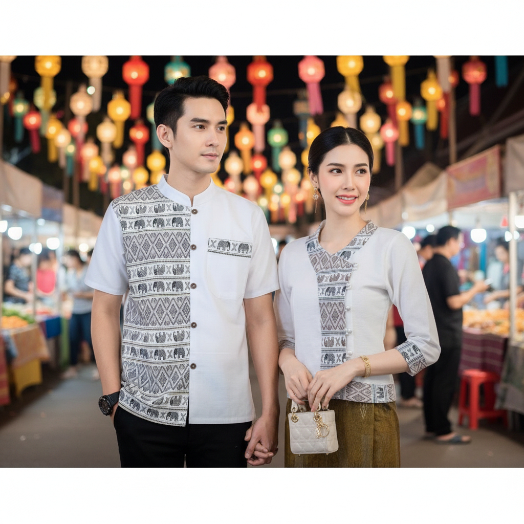 เสื้อพื้นเมืองคู่ลายช้างสีขาว ชายทูโทน/หญิง
