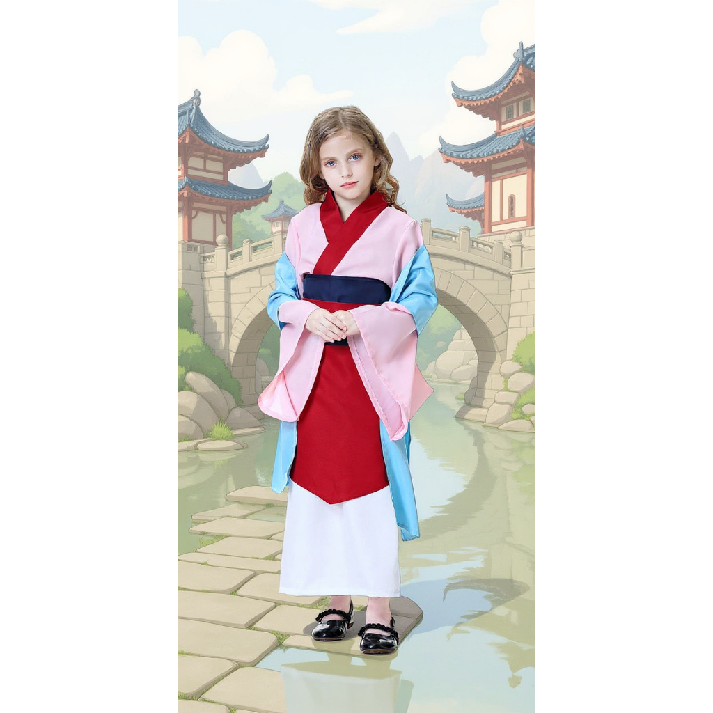 🥼 ชุดเด็กมู่หลาน สีชมพู ชุดจีนโบราณแฟนซีตรุษจีน คอสเพลย์เด็กหญิง ฮานฟูเจ้าหญิงจีน ชุดงานเทศกาล 7C74