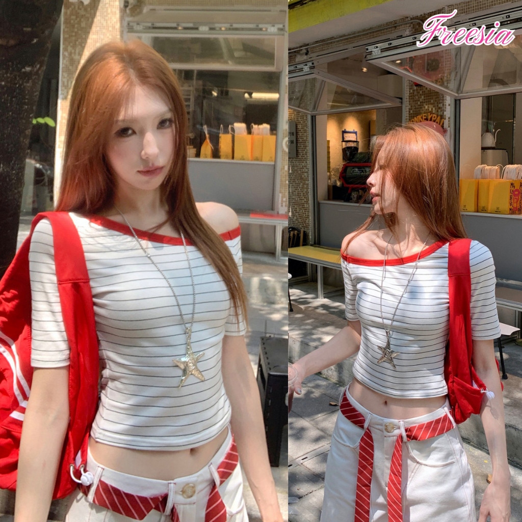 เสื้อแขนสั้น เสื้อลายริ้ว ลายทาง ลายทางสีตัดกัน ใส่เเล้วดูผอม#92381