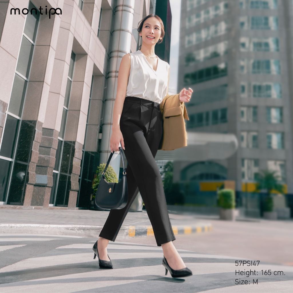 Montipa กางเกงทรงสอบ แต่งจีบหน้าและยางยืดด้านหลัง ผ้า Iron Free 57PSI47