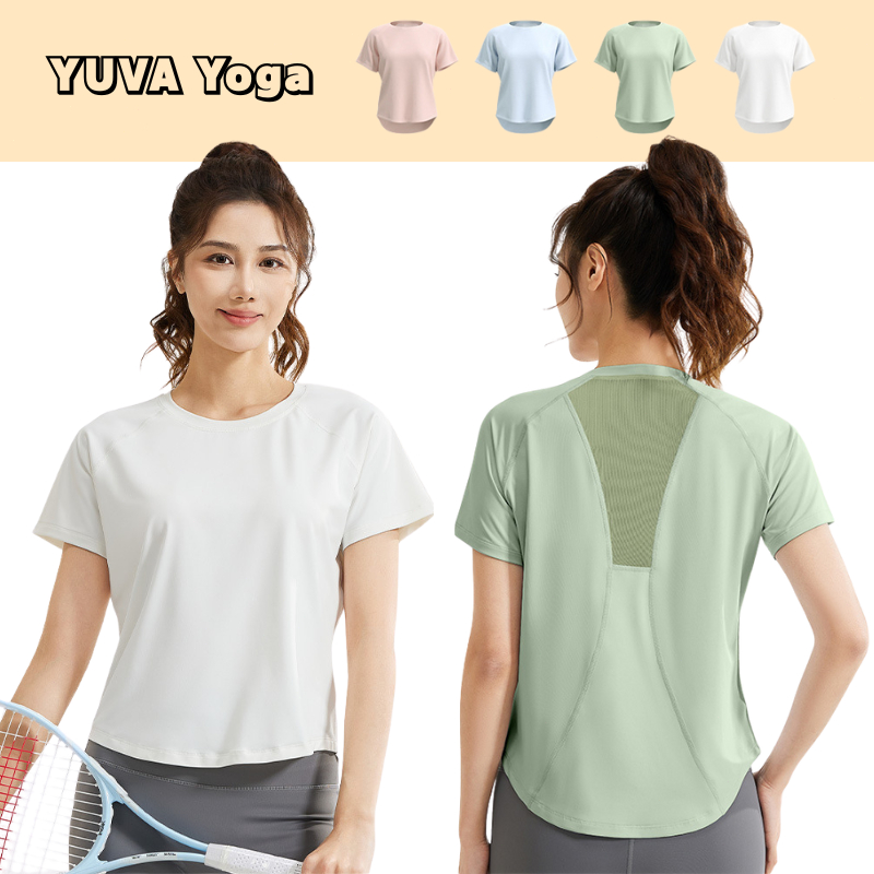 เสื้อออกกำลังกายผู้หญิง เสื้อโยคะ เสื้อยืดเล่นกีฬา การออกแบบตาข่ายระบายอากาศ ผ้านิ่ม ระบายอากาศได้ดี Sport กลางแจ้ง วิ่ง