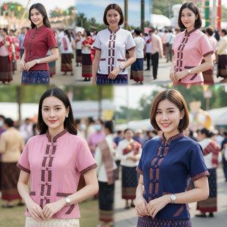 เสื้อพื้นเมืองผู้หญิง แต่งแถบผ้าทอลายพื้นเมืองประยุกต์ แขนสั…