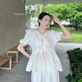 [เฉพาะเสื้อ] เสื้อเบลาส์ผูกโบว์ แขนจั๊มยางยืดใส่สบาย เนื้อผ้าไม่ต้องรีด นุ่มไม่ร้อน ดีเทลระบาย สไตล์มินิมอล (V80)