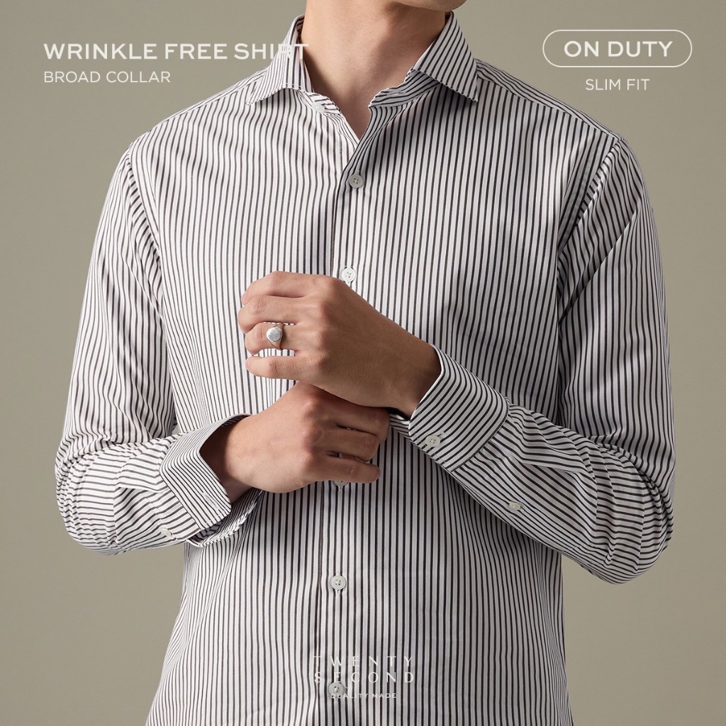 TWENTYSECOND เสื้อเชิ้ตแขนยาว ปกป้าน ทรง Slim fit  รุ่น Wrinkle Free Shirt - ลายทางน้ำตาล / Brown st