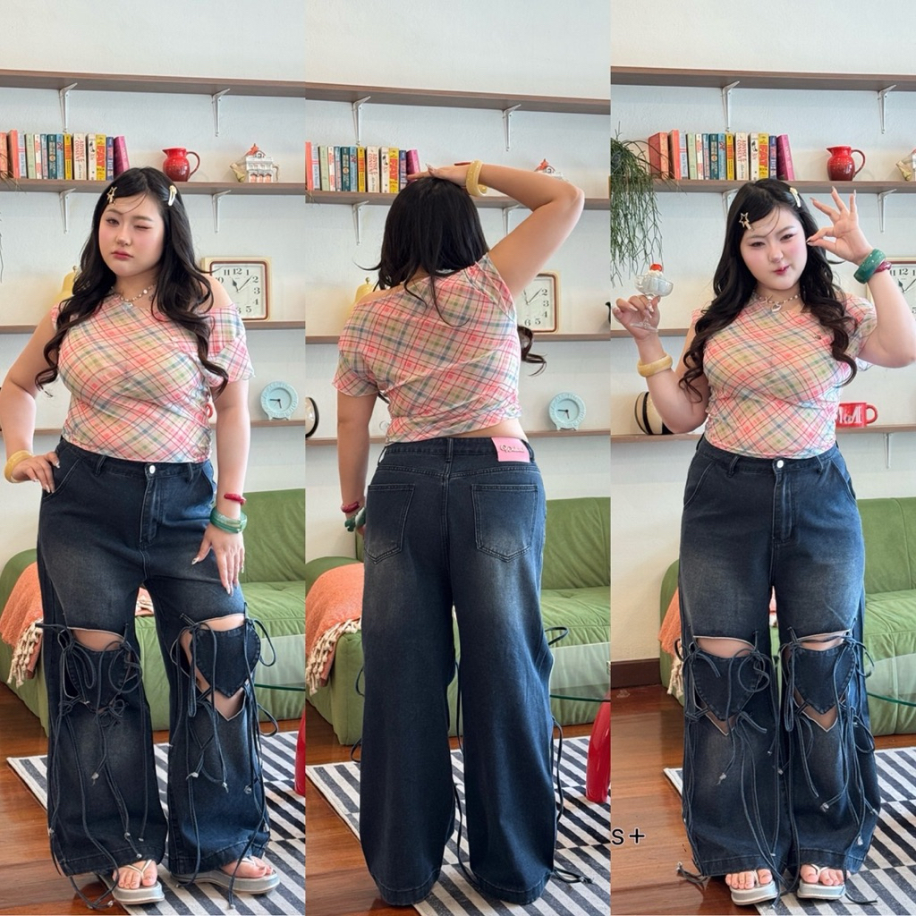 /WP/ กางเกงยีนส์สาวอวบ รุ่น Knotty Jeans ทรงกระบอก เจาะแต่งเข่าหัวใจมีสายมุ้งมิ้ง น่ารัก สายแฟต้องจัด #พลัสไซส์
