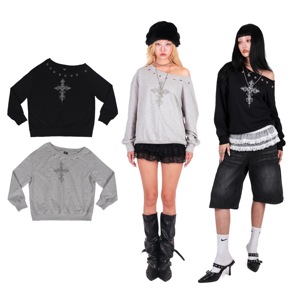 kome.offi เสื้อสเวตเตอร์เสื้อปาดไหล่ dear god sweater