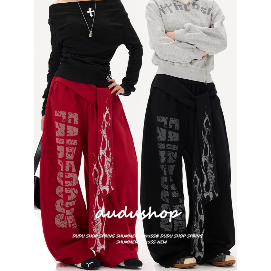 [Hip-hop trendy prints, street style wide-leg pants]กางเกงลำลองพิมพ์ลายฮิปฮอป กางเกงขากว้างแนวแจ๊สแดนซ์สำหรับผู้หญิง