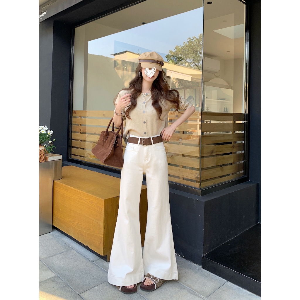 Beryl กางเกงยีนส์ขายาวทรงบานเอวสูงสไตล์เรโทรสำหรับผู้หญิงS-XL สไตล์เกาหลีเรียบง่าย สวมใส่สบาย - รูปที่ 3