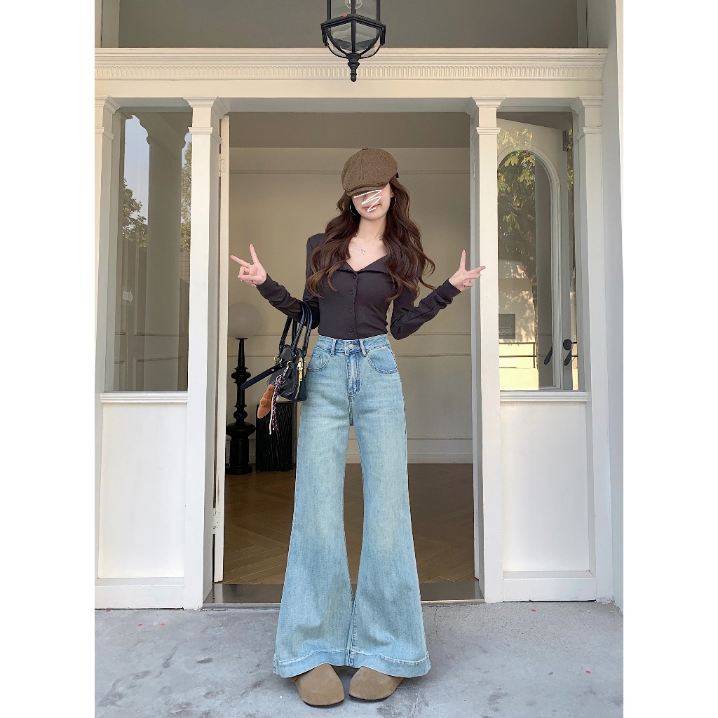 Beryl กางเกงยีนส์ขายาวทรงบานเอวสูงสไตล์เรโทรสำหรับผู้หญิงS-XL สไตล์เกาหลีเรียบง่าย สวมใส่สบาย - รูปที่ 4