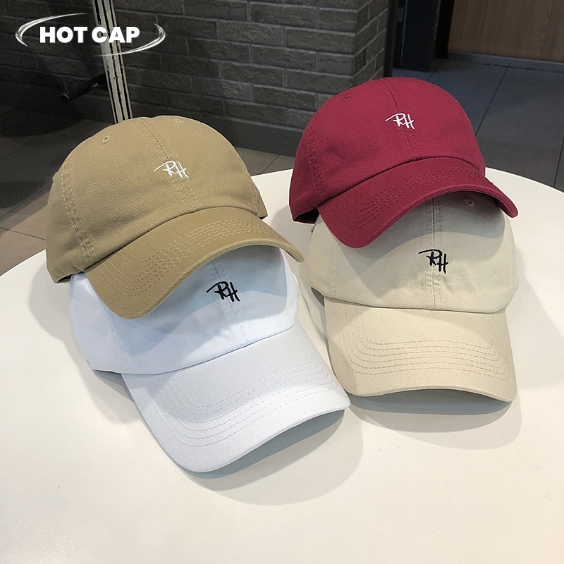 Hotcap จัดส่ง  หมวกเบสบอลผู้หญิงสไตล์เกาหลีเรียบง่าย RH ตัวอักษรผ้าฝ้ายแท้ปีกโค้งหมวกสตรีทสไตล์วิทยาลัยเยาวชน