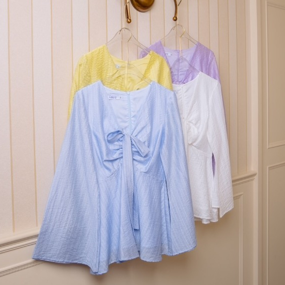 kokiji - Bubbly Pop (เสื้อแขนยาวรูดด้านหน้าผูกโบว์ สีเหลืองมะนาว สีม่วง S-2XL)