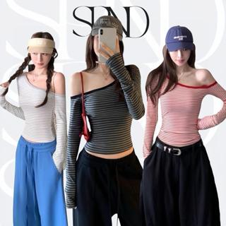 SPND【พร้อมส่ง】เสื้อครอปแขนยาวลายขวาง น่ารักเซ็กซี่ ดีไซน์เปิ…