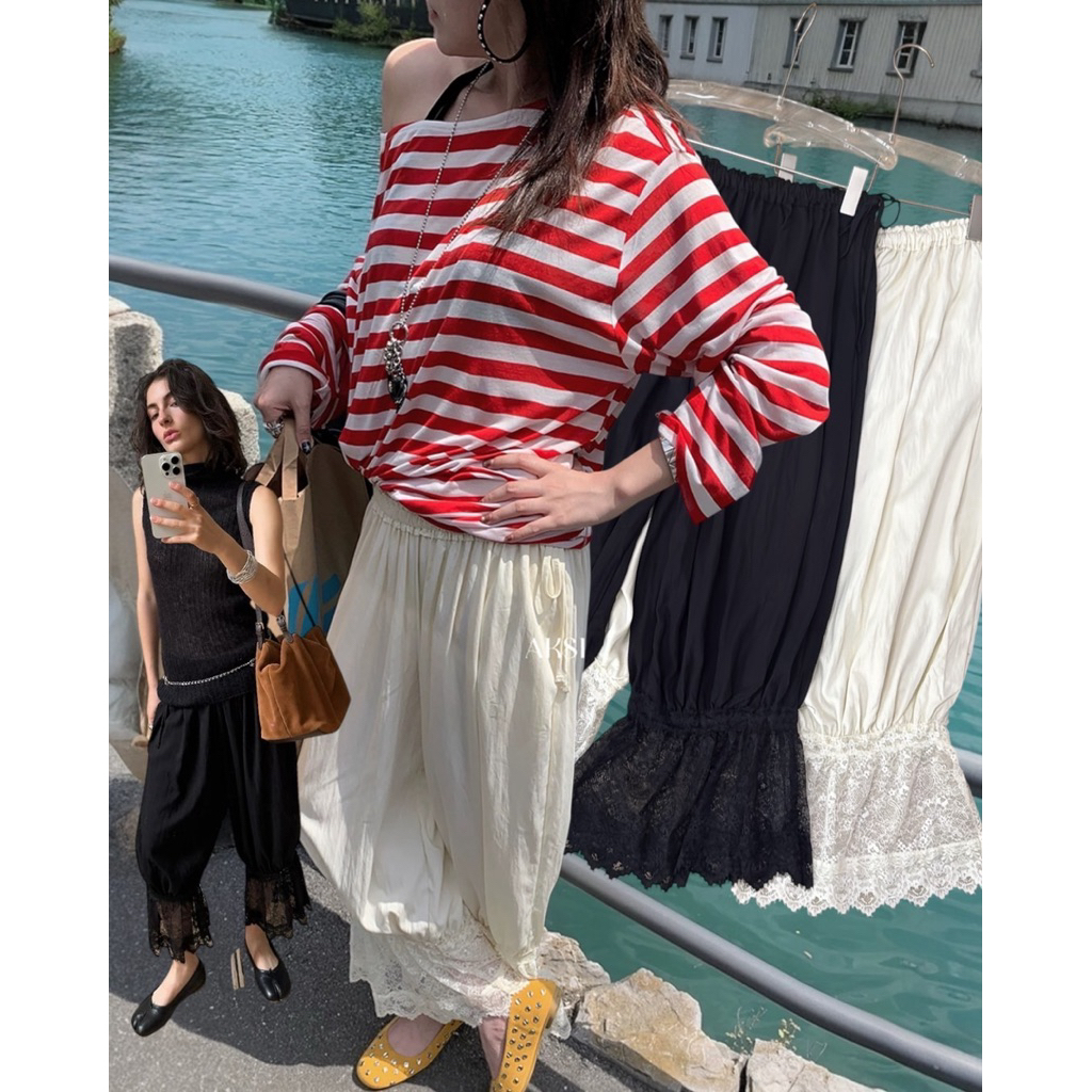 กางเกงฮาเรมสไตล์โบฮีเมี่ยน เเต่งชายลูกไม้ เนื้อผ้าcotton 100%