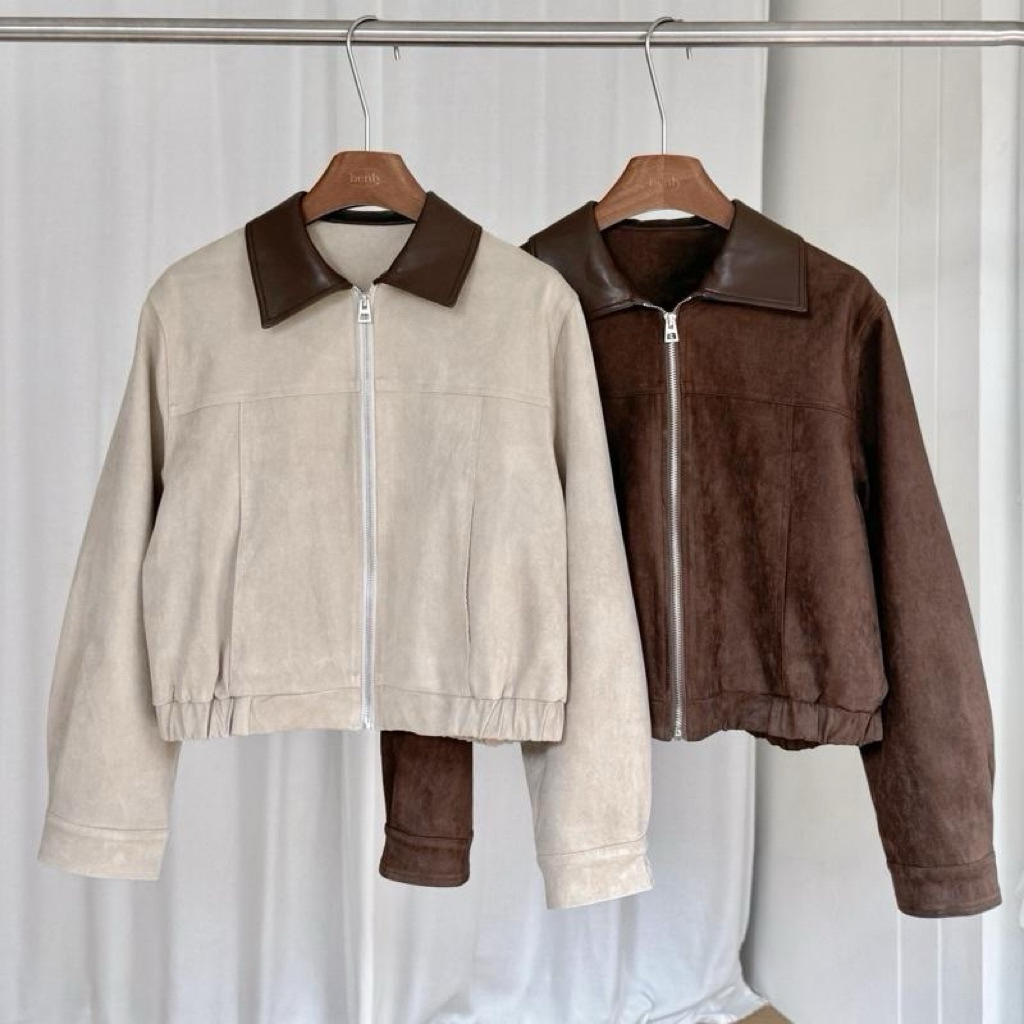 BY0362 Jacket ทูโทนหนังกลับทรงพอดีตัว benly co