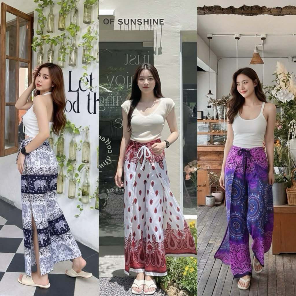 💖 4 Ropes pants กางเกง4สาย ผูกหน้าหลัง ใส่ได้ทุกไซส์ ผ้าเรยอนใส่สบาย