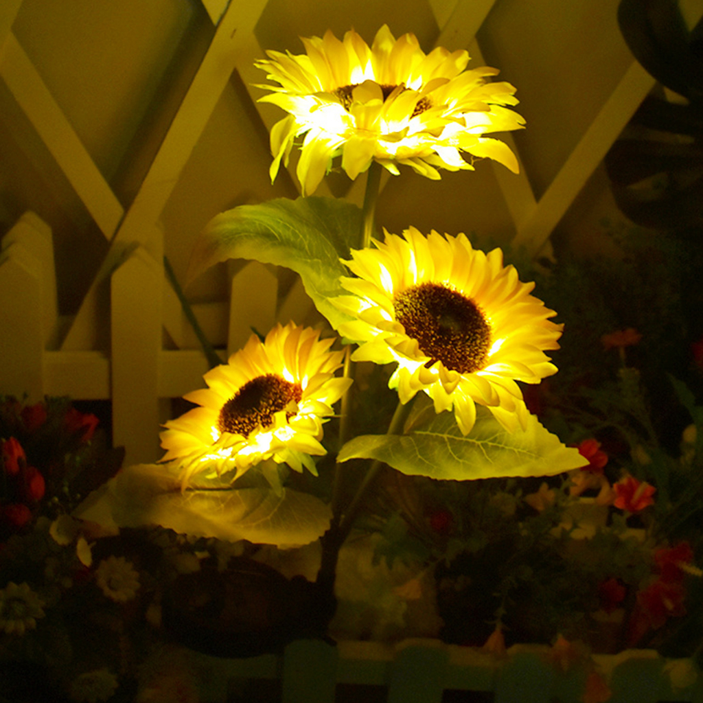 ไฟเหลือง ดอกทานตะวัน 3หัว Solar light โคมไฟโซล่าเซลล์  ปักสนาม เพิ่มความสวยงาม