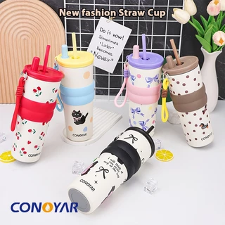 CONOYAR ถ้วยสูญญากาศเชอร์รี่สีแดง ขวดน้ําเก็บความร้อนโบว์ 710ML สแตนเลสสตีลพร้อมฝาปิด มีหลอดดูด T01309
