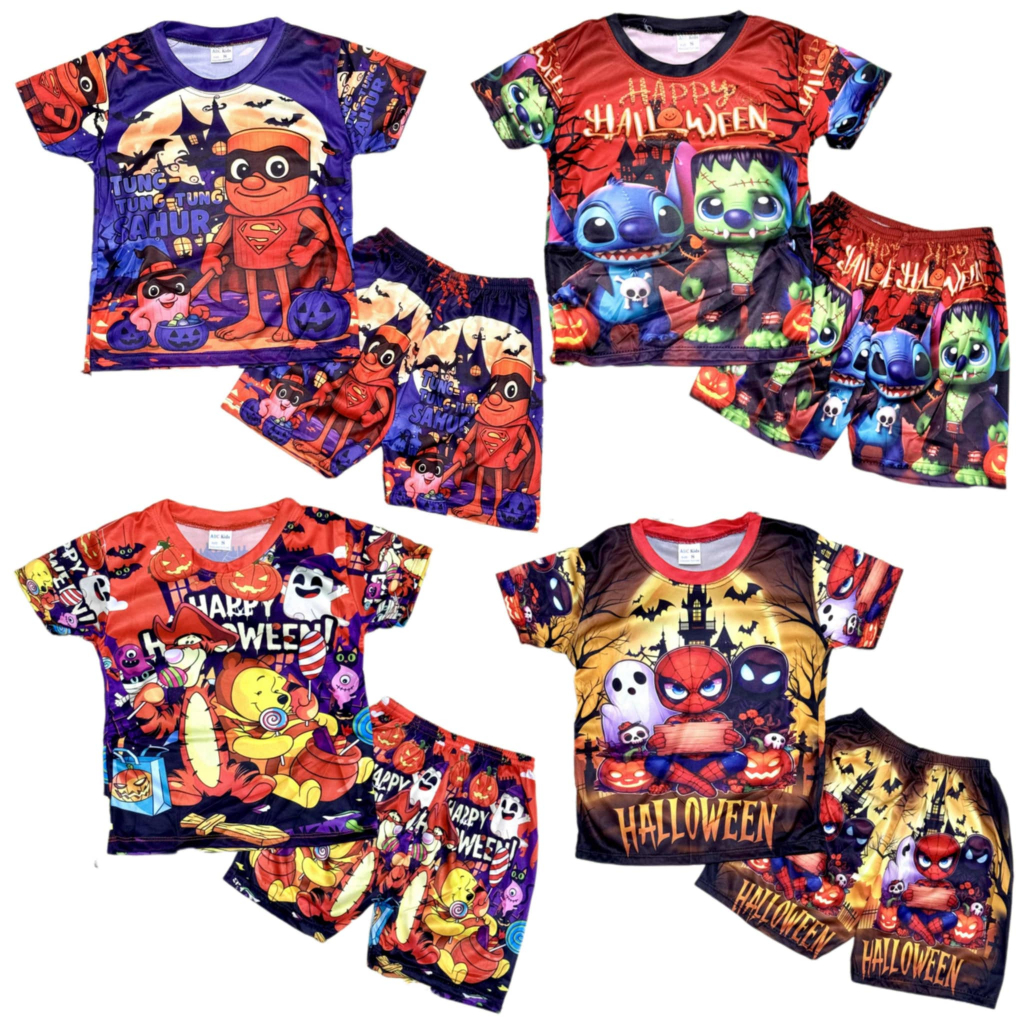 ชุดเซ็ตเด็ก วันฮาโลวีน S-M-L ลายการ์ตูน 4 ลาย เสื้อแขนสั้น+กางเกงขาสั้น ชุดลายผี