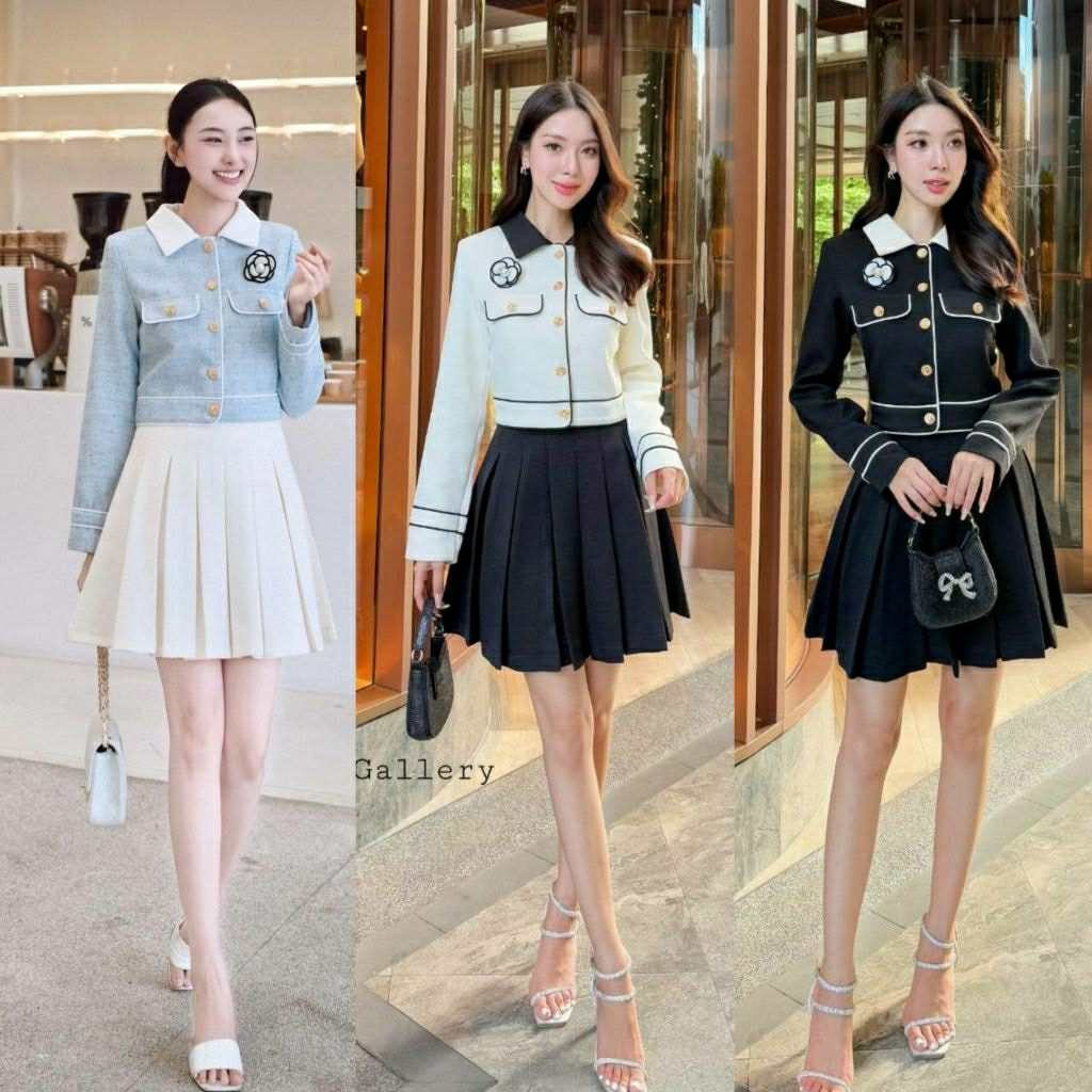 (S-XL)  The Gallery 📣พร้อมส่งเสื้อแขนยาว+กระโปรง+เข็มกลัดดอกไม้เนื้อผ้าหนามีแทคเจอร์ สวยหรูดูดี