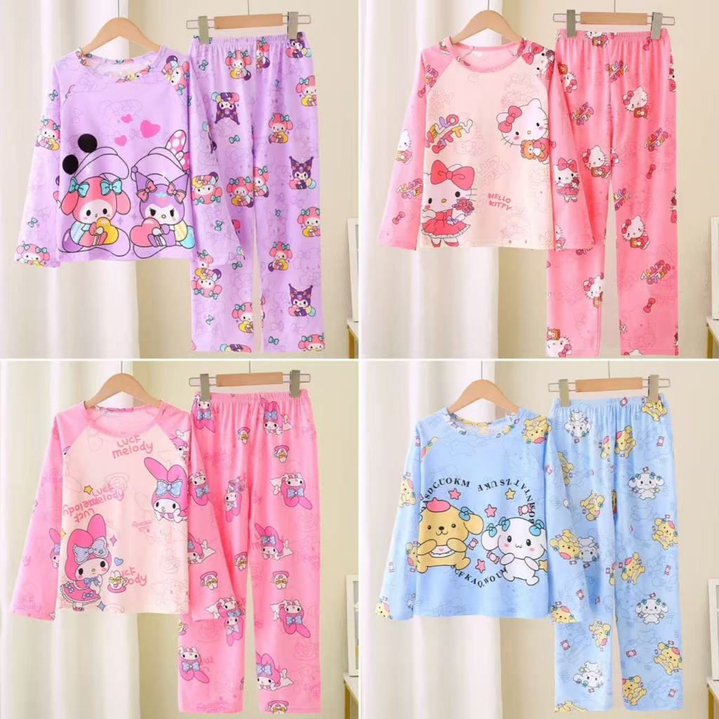 เสื้อผ้าสาวๆ ชุดนอนเด็กผู้หญิง การ์ตูนน่ารักลายป๊อบ แขนยาว + กางเกงขายาว  เนื้อผ้ามีความนุ่มสบาย