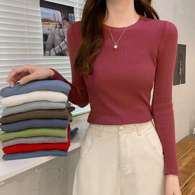 สื้อไหมพรมแขนยาวผู้หญิง เสื้อคอกลมสีพื้น แขนยาวผ้าไหมพรม ผ้านิ่มใส่สบาย มี 15 สี *พร้อมส่งY9091*