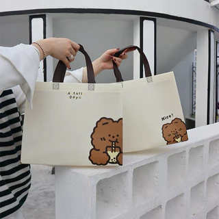 กระเป๋า ผ้าสปันด์บอนด์หนา เคลือบพิเศษ ลายหมี สีครีม พกพา ถือช๊อปปิ้ง ใส่ของใช้ต่างๆ พร้อมส่ง