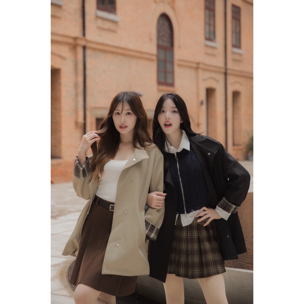 CO742 Tartan Edge Trench Coat โค้ทสไตล์มินิมอล ดีเทลพับแขนลายตาราง