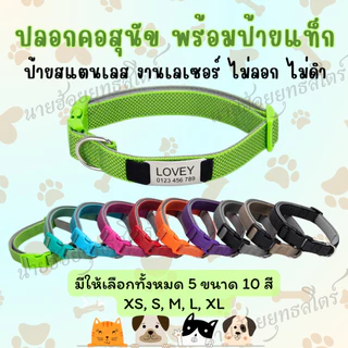 ปลอกคอสุนัข แบบแกะสลักชื่อ ด้วยเลเซอร์ พร้อมสายรัดไนลอนนุ่ม หลากสี พร้อมหัวเข็มขัดสีสะท้อนแสง