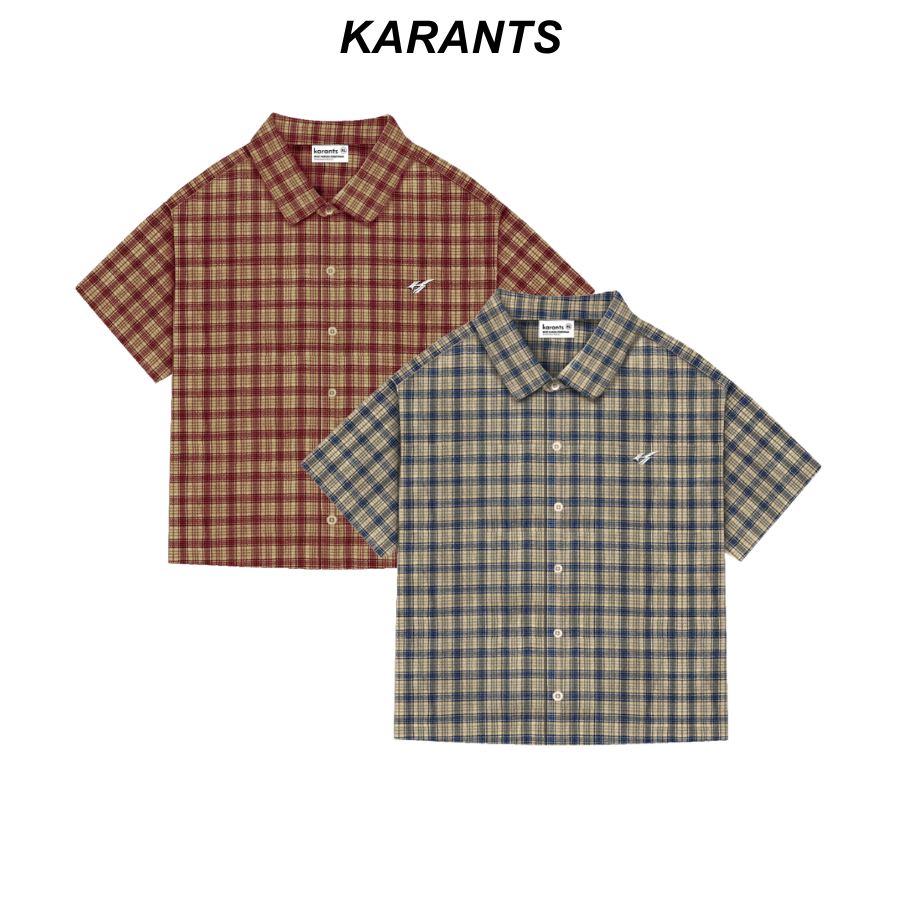 Karants เสื้อเชิ้ตสีพื้น โลโก้โลหะ ทรง Cropped Boxy ผ้าลายตารางพรีเมียม ใส่ได้ทั้งชายและหญิง สไตล์ -