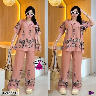 Set 3 ชิ้น เสื้อเชิ้ตกับกางเกงขายาว พิมพ์ลาย + สายผุกโบว์ TT22312