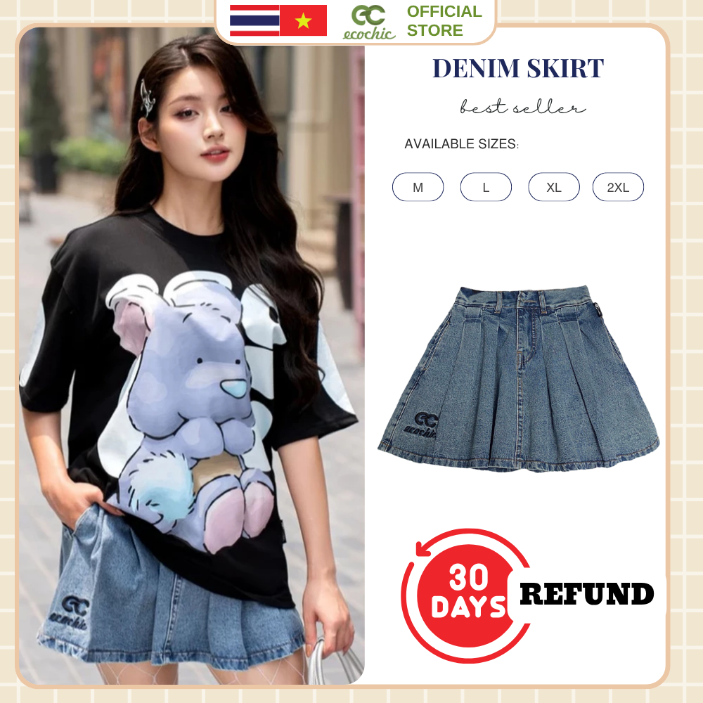 [เปลี่ยนสินค้าภายใน 30 วัน] กระโปรงยีนส์จีบสั้น ECOCHIC DENIM SKIRT พร้อมซับใน ผ้ายีนส์คุณภาพแข็งแรง ทนทาน F395