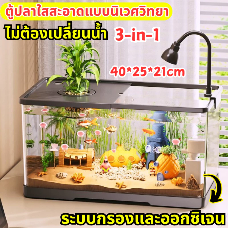 ตู้ปลา ตู้ปลาตั้งโต๊ะ ตู้ปลาเล็ก ตู้ปลาขนาดเล็ก ตู้ปลา 12 นิ้ว พร้อมไฟและปั๊มน้ำ การออกแบบที่มีฝาปิด ตู้ปลามีฝาปิด