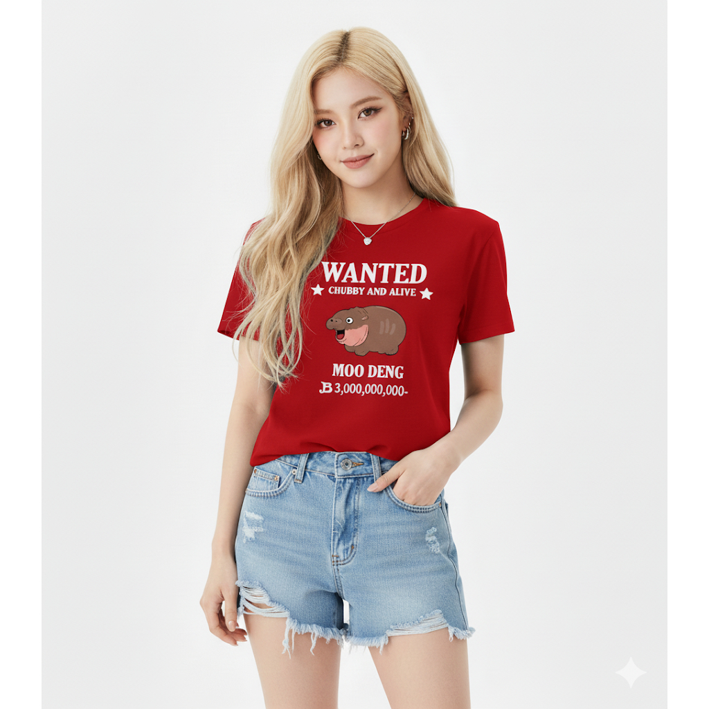 เสื้อยืด เสื้อยืดสกรีนลายหมูเด้ง WANTED  สีแดง