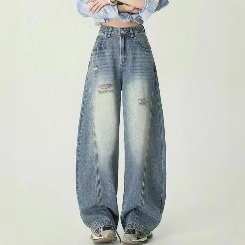 #622 (XS-6XL) jinjeans กางเกงยีนส์สาวอวบ barrel jeans แต่งขาด