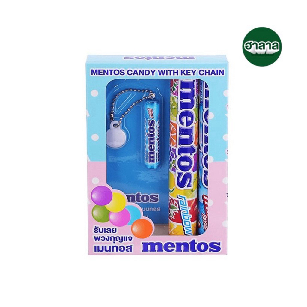 [ส่งด่วน] เมนทอสลูกอมมินต์และเรนโบว์พวงกุญแจมินิ 74ก. Mentos Mint Candy with Mentos Mini Keychain